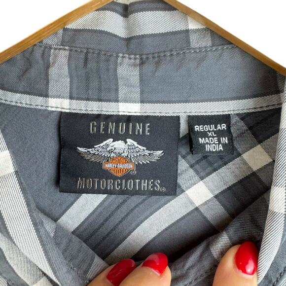 Harley Davidson 100% Cotton Gray Plaid Logo Patch Long Sleeve Button Up Shirt - Picture 7 of 9